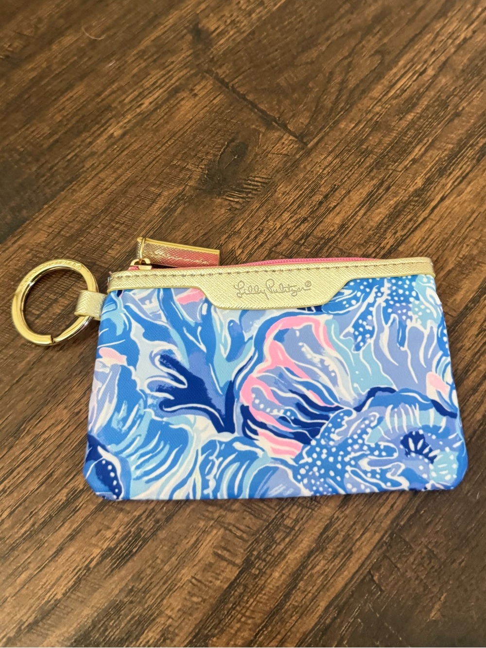Lilly Pulitzer Blue & Pink Floral Key Card Pouch with Gold Hardware